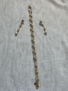 14k Gold and Silver Tone Beaded Drop Earrings and Necklace Set